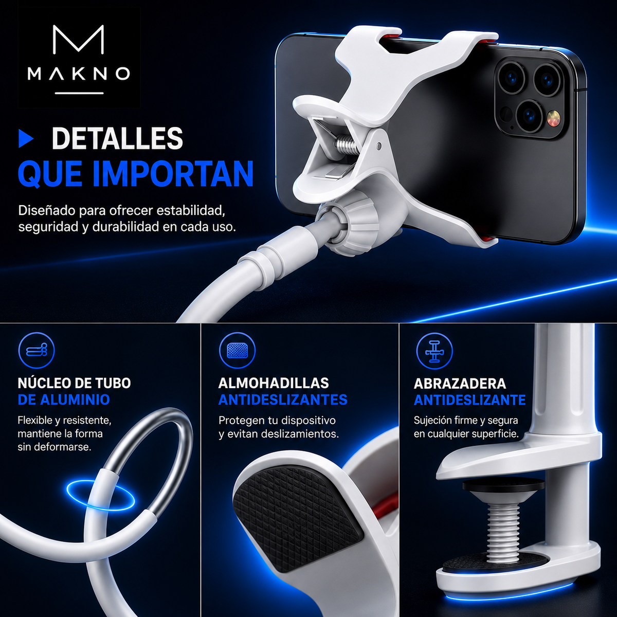 MAKNO FlexView™ - Soporte flexible premium para smartphone con rotación 360°