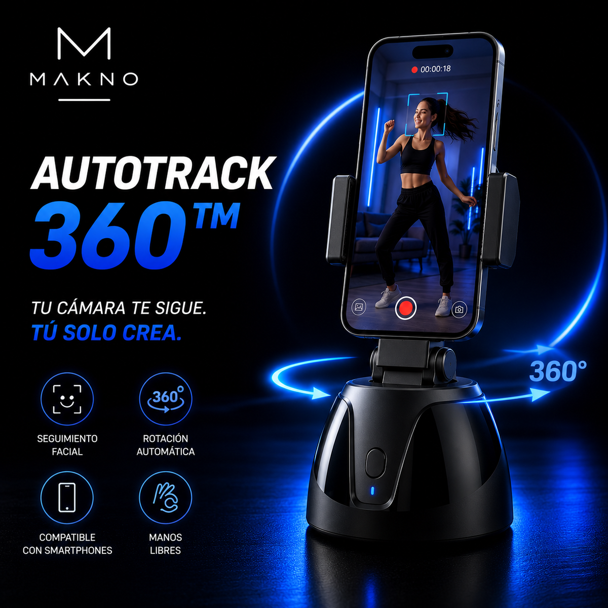 MAKNO AutoTrack 360™ – Soporte Inteligente para Smartphone con Seguimiento Facial y Rotación Automática