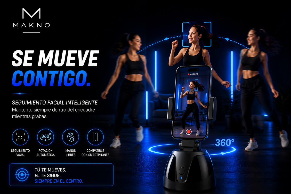 MAKNO AutoTrack 360™ – Soporte Inteligente para Smartphone con Seguimiento Facial y Rotación Automática